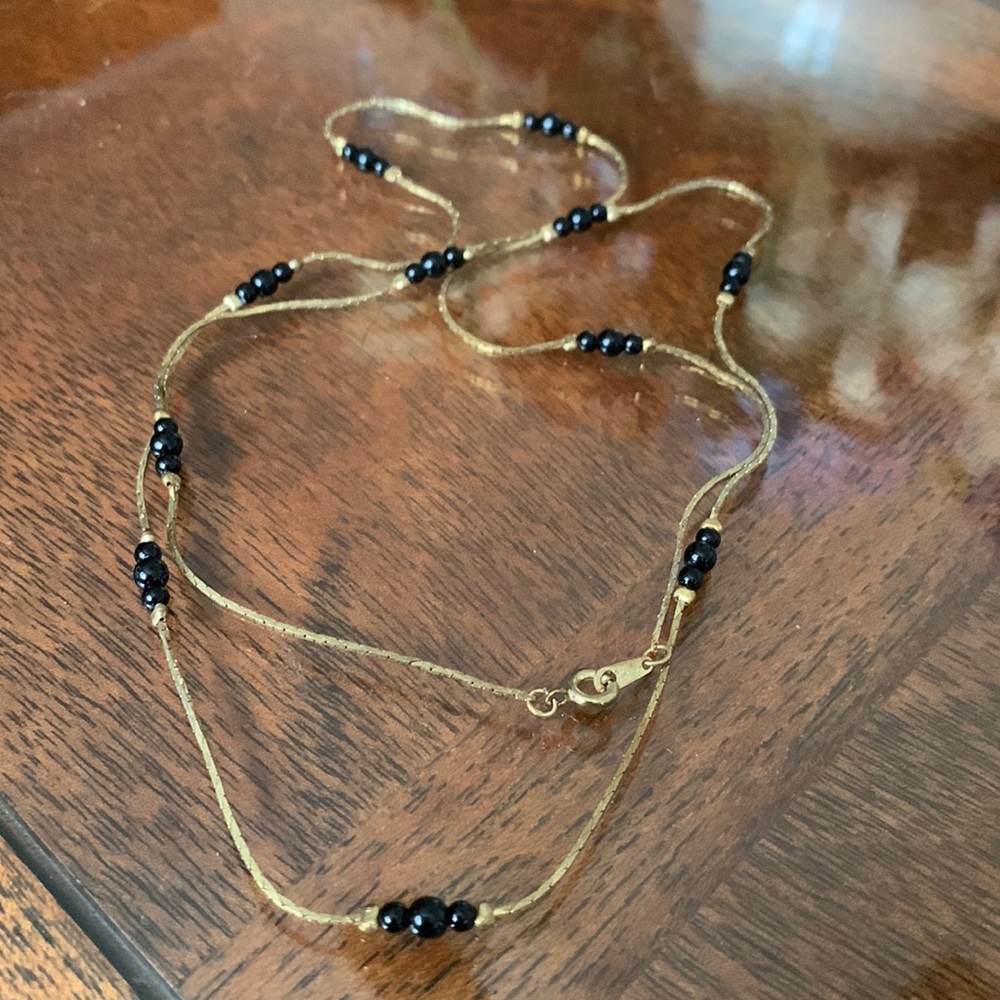 Vintage 80s Tracy Hamilton Necklace Black Balls Beads gold tone chain Korea